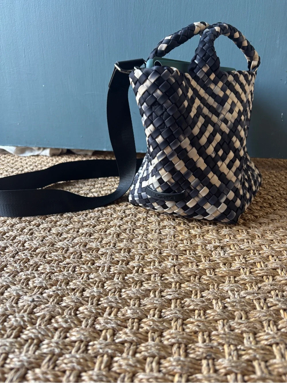Naghedi St. Barths Black and Cream Woven Handheld Tote